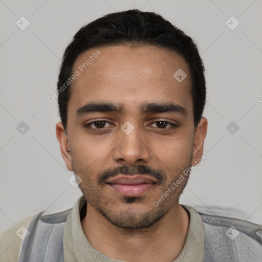 Neutral latino young-adult male with short  black hair and brown eyes