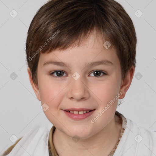 Joyful white child male with short  brown hair and brown eyes