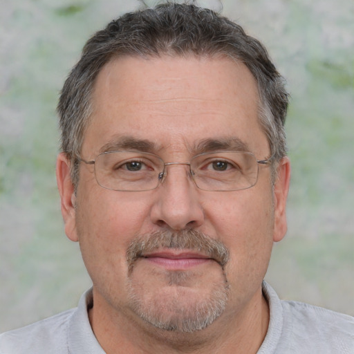 Neutral white middle-aged male with short  brown hair and brown eyes