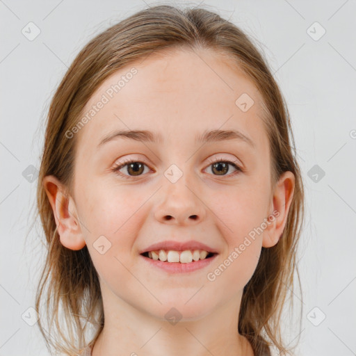 Joyful white child female with medium  brown hair and blue eyes