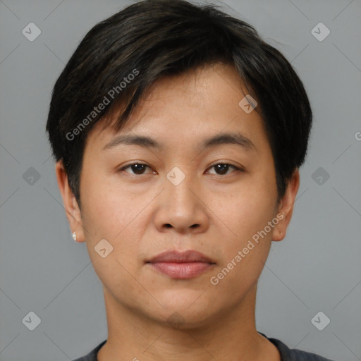 Neutral asian young-adult male with short  black hair and brown eyes