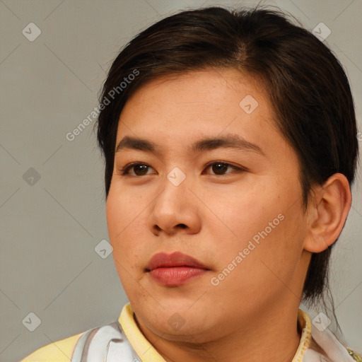 Neutral white young-adult female with medium  brown hair and brown eyes
