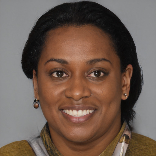 Joyful black young-adult female with medium  black hair and brown eyes