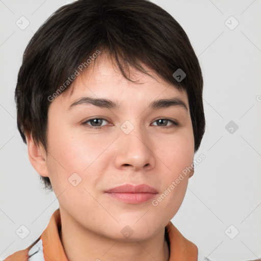 Neutral white young-adult female with short  brown hair and brown eyes