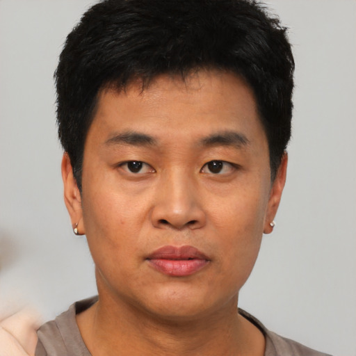 Neutral asian young-adult male with short  black hair and brown eyes
