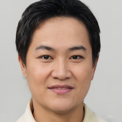 Joyful asian young-adult male with short  brown hair and brown eyes