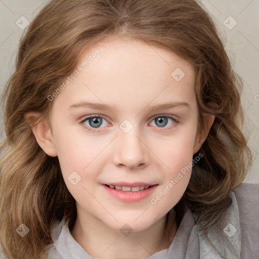 Joyful white child female with medium  brown hair and blue eyes