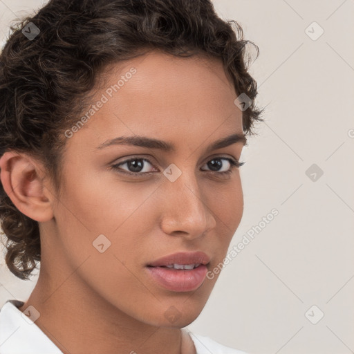 Neutral white young-adult female with short  brown hair and brown eyes