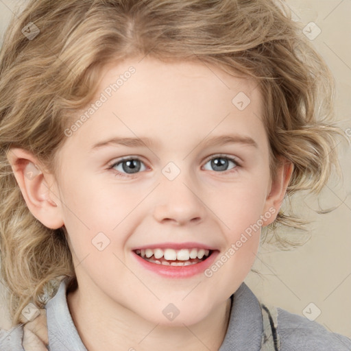 Joyful white child female with medium  brown hair and blue eyes