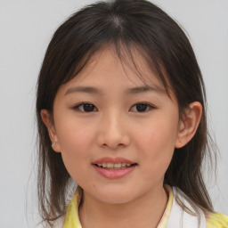 Joyful white child female with medium  brown hair and brown eyes