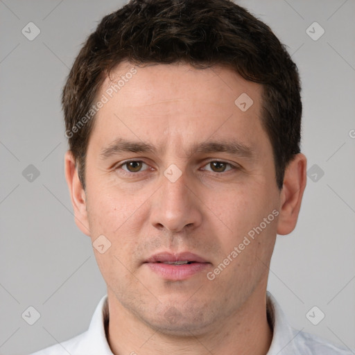 Neutral white adult male with short  brown hair and brown eyes