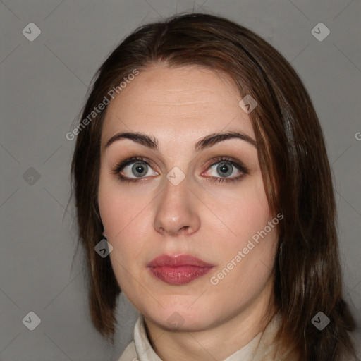 Neutral white young-adult female with medium  brown hair and brown eyes