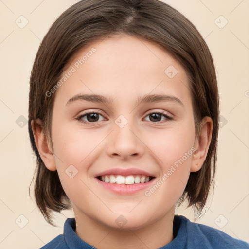 Joyful white child female with medium  brown hair and brown eyes