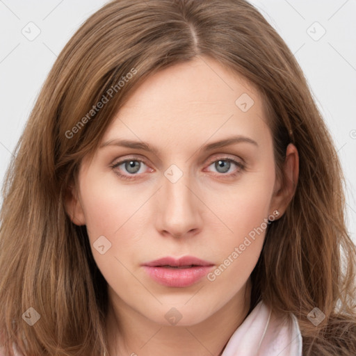 Neutral white young-adult female with long  brown hair and grey eyes