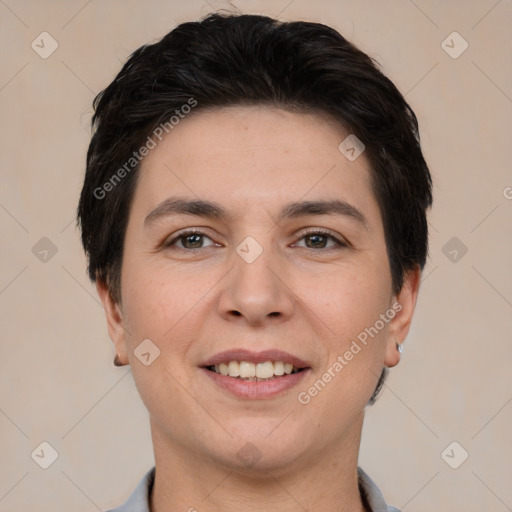 Joyful white young-adult female with short  brown hair and brown eyes