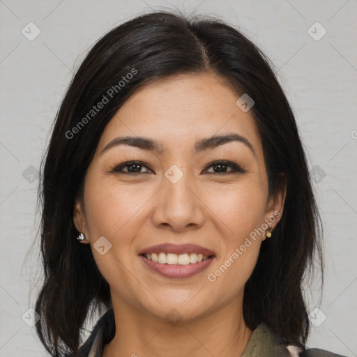 Joyful asian young-adult female with medium  brown hair and brown eyes