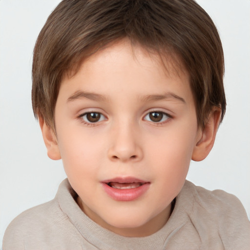 Joyful white child female with short  brown hair and brown eyes