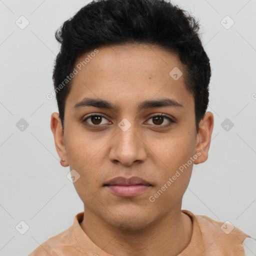 Neutral latino young-adult male with short  brown hair and brown eyes