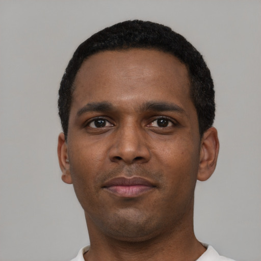 Neutral black young-adult male with short  black hair and brown eyes