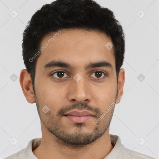 Neutral latino young-adult male with short  black hair and brown eyes