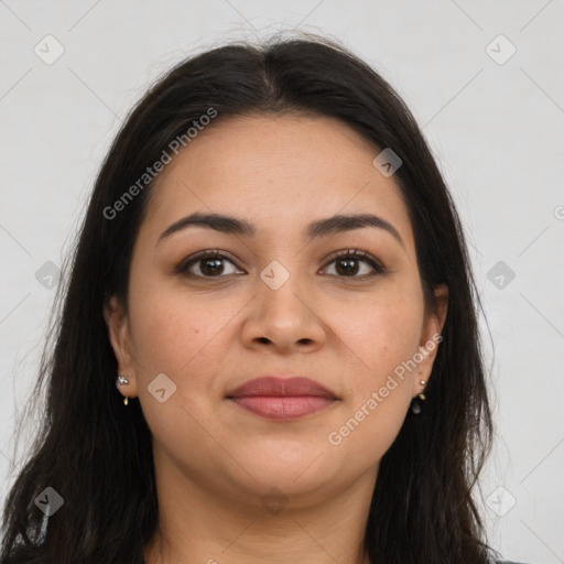 Joyful latino young-adult female with long  brown hair and brown eyes