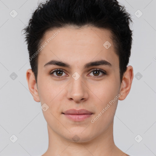 Joyful white young-adult female with short  brown hair and brown eyes