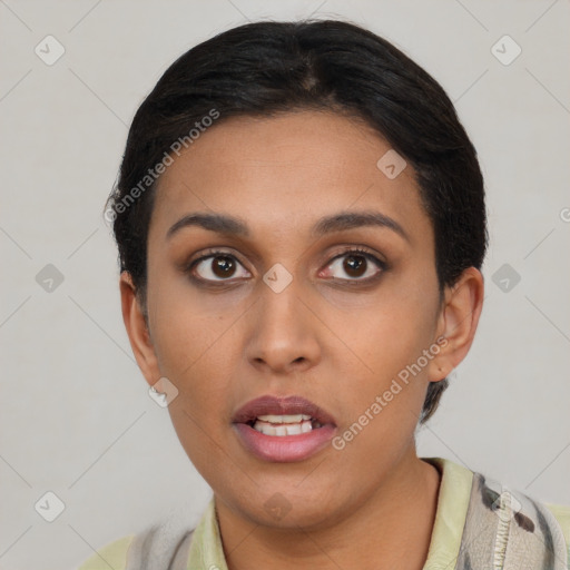 Neutral latino young-adult female with short  black hair and brown eyes