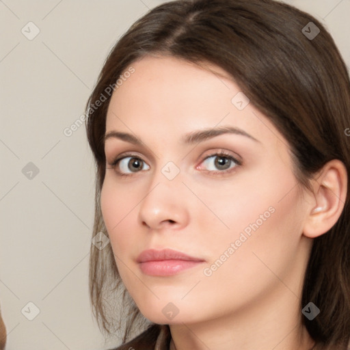 Neutral white young-adult female with medium  brown hair and brown eyes