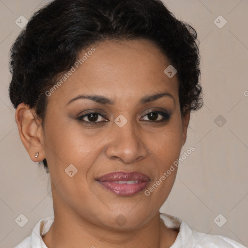 Joyful latino young-adult female with short  brown hair and brown eyes