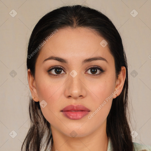 Joyful white young-adult female with long  brown hair and brown eyes