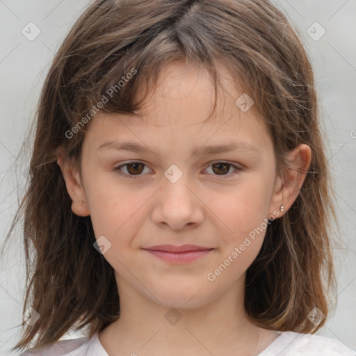 Joyful white child female with medium  brown hair and brown eyes