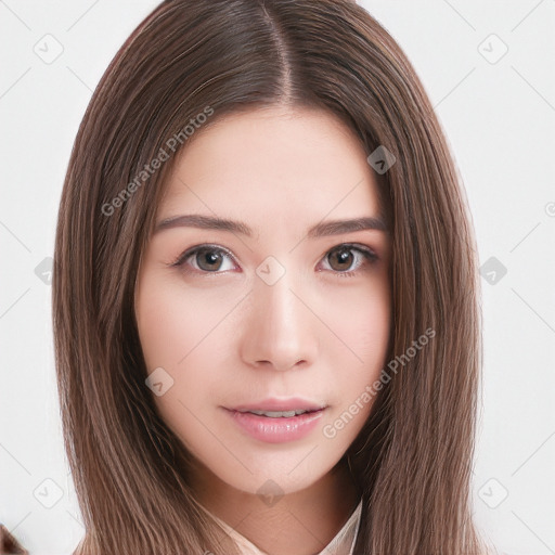 Neutral white young-adult female with long  brown hair and brown eyes