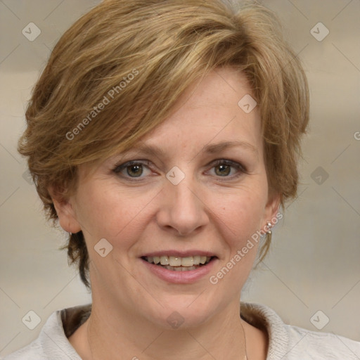 Joyful white adult female with medium  brown hair and grey eyes