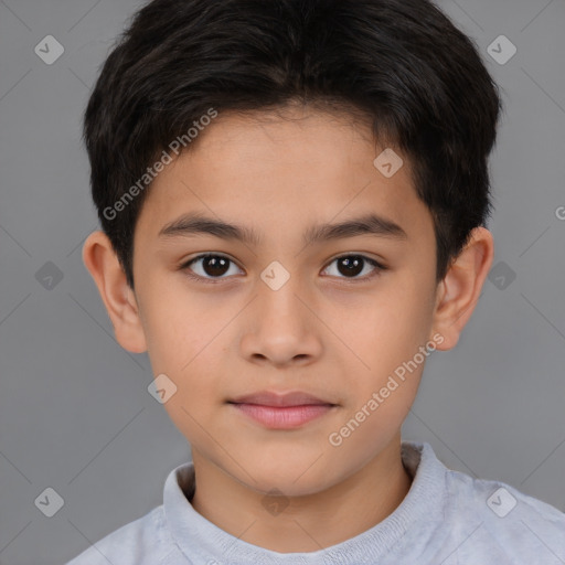 Joyful white child male with short  brown hair and brown eyes