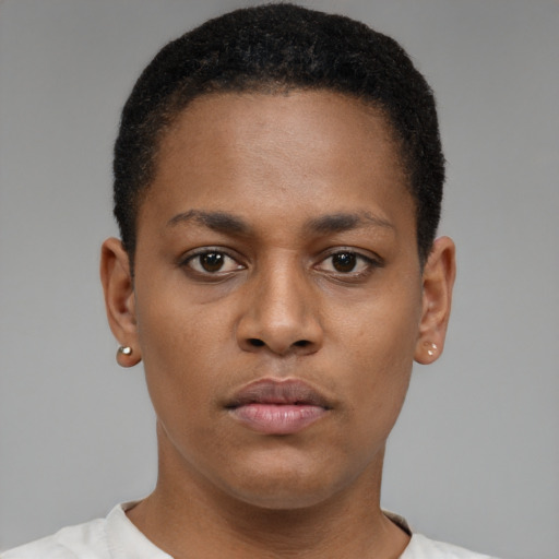 Neutral black young-adult female with short  brown hair and brown eyes