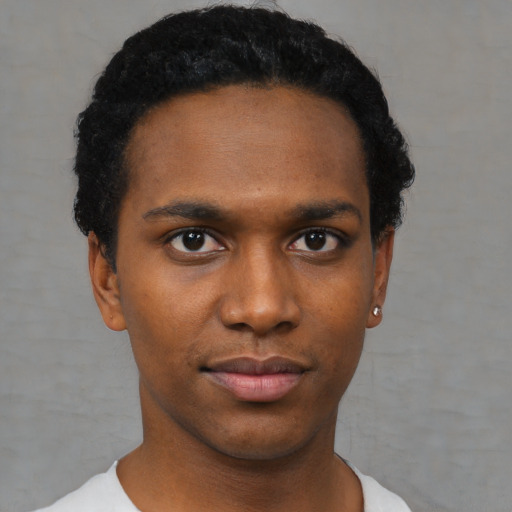 Neutral black young-adult male with short  black hair and brown eyes
