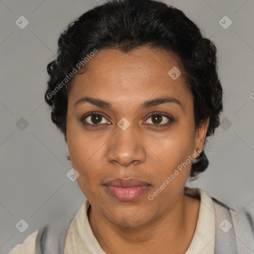 Neutral latino adult female with short  black hair and brown eyes