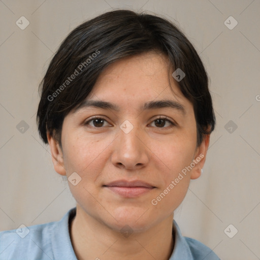 Neutral white young-adult female with short  brown hair and brown eyes