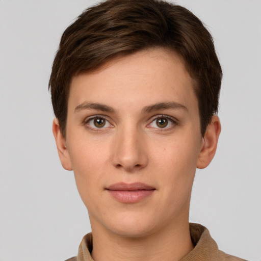 Neutral white young-adult female with short  brown hair and grey eyes