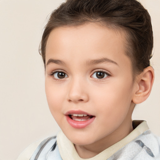 Joyful white child female with short  brown hair and brown eyes