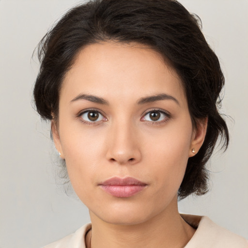 Neutral white young-adult female with medium  brown hair and brown eyes