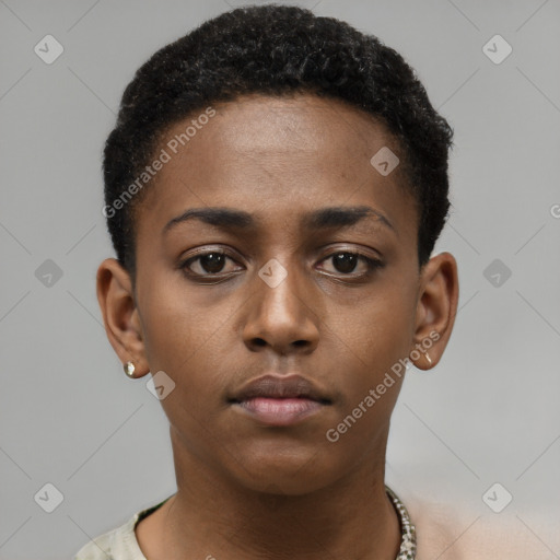 Neutral black young-adult female with short  brown hair and brown eyes