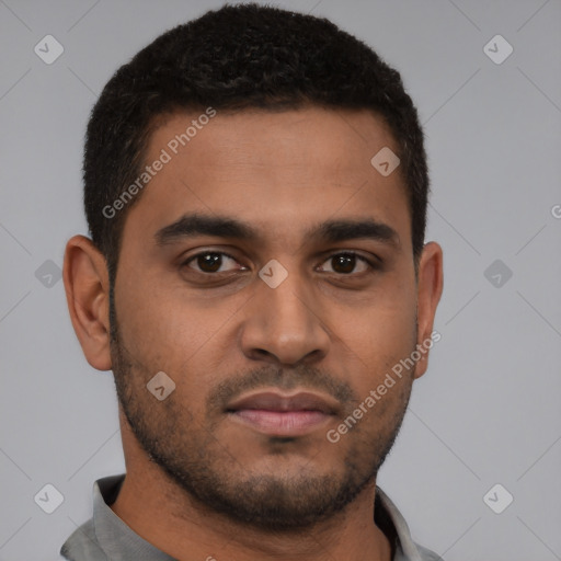 Neutral latino young-adult male with short  brown hair and brown eyes