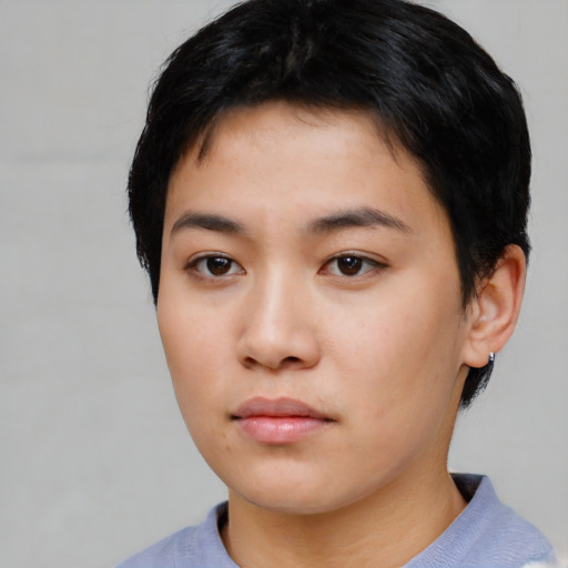 Neutral asian young-adult female with short  black hair and brown eyes