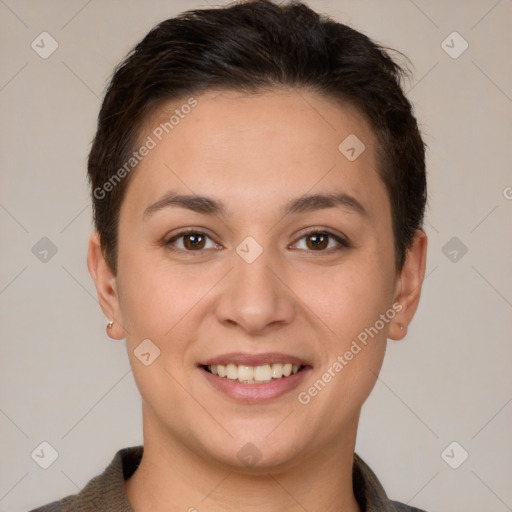 Joyful white young-adult female with short  brown hair and brown eyes