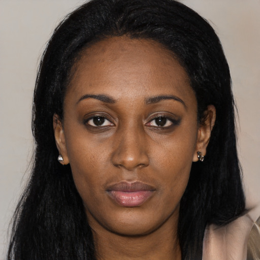 Neutral black young-adult female with long  black hair and brown eyes