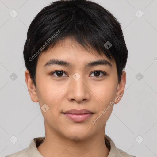 Joyful asian young-adult male with short  brown hair and brown eyes