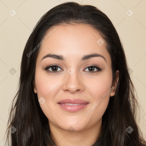 Joyful latino young-adult female with long  brown hair and brown eyes