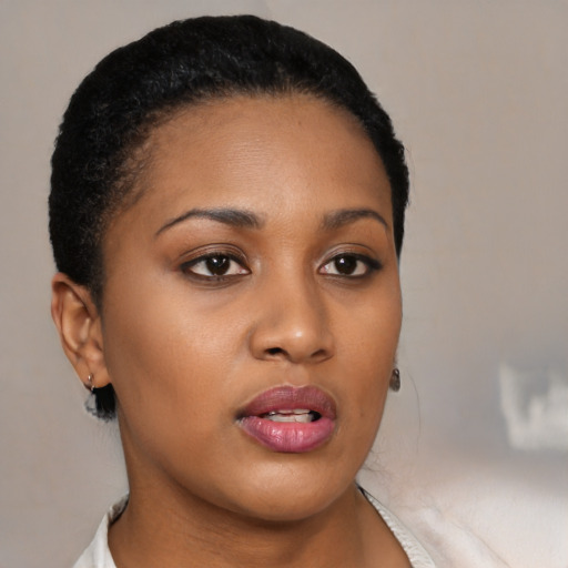Neutral black young-adult female with short  black hair and brown eyes