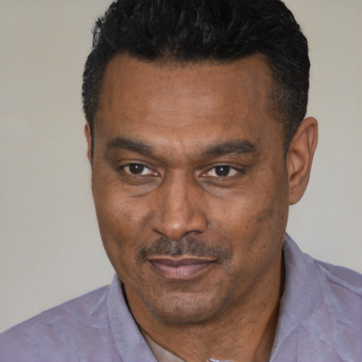 Joyful black adult male with short  black hair and brown eyes